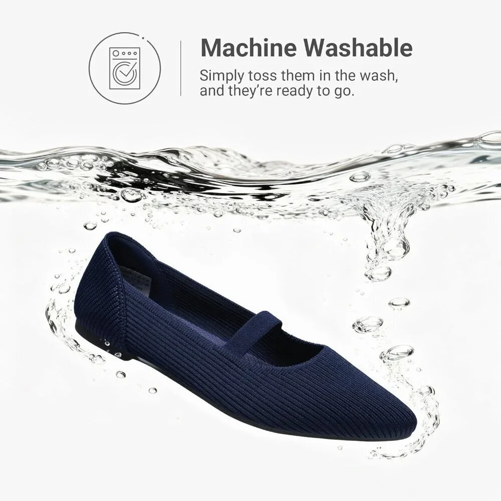 Women's Navy Knit Ballet Pointed Toe Comfortable Dressy Mary Jane Flats Shoes